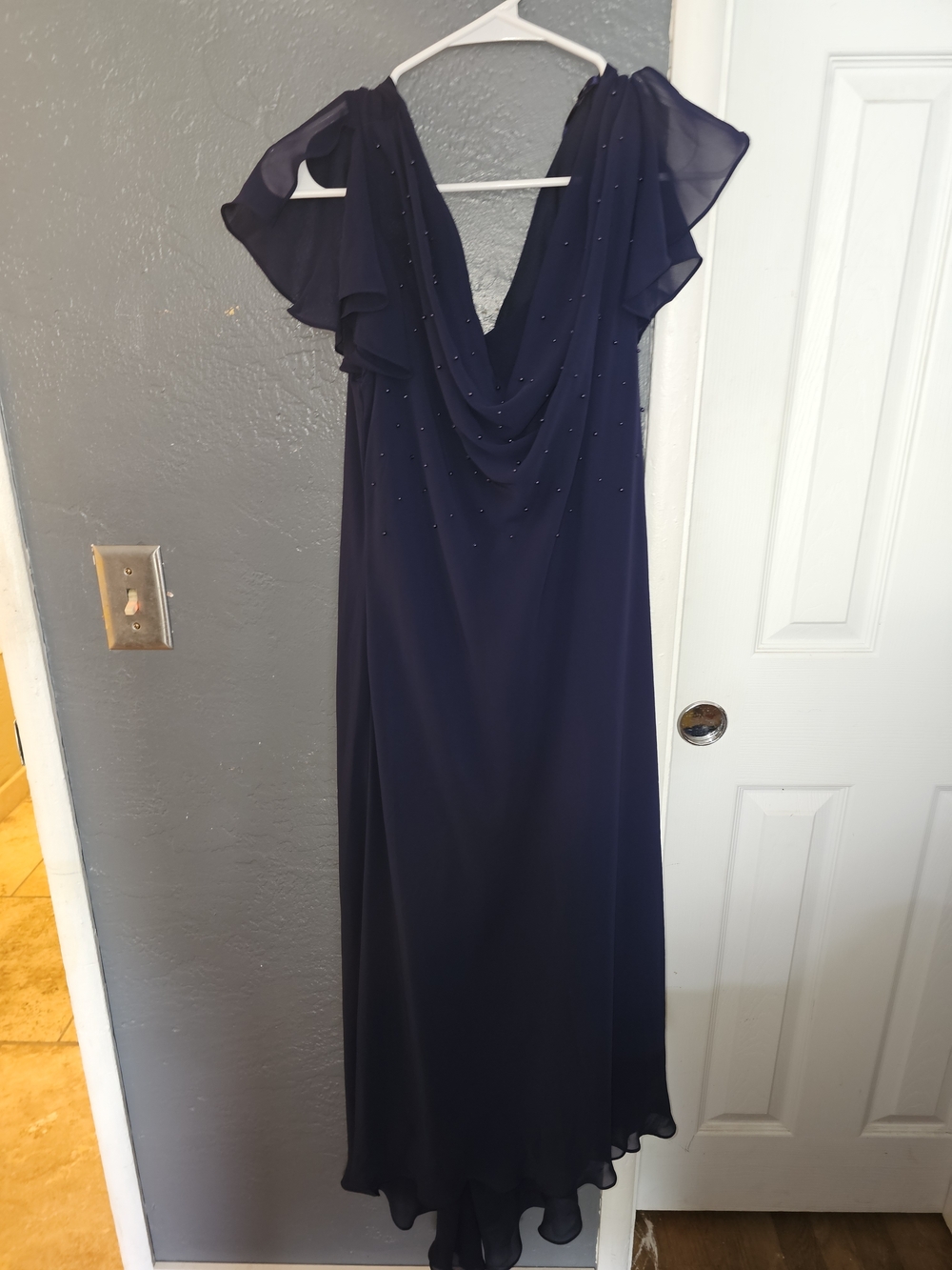 S.L. Fashions Navy Blue Beaded Cowl Neck Maxi Dress
